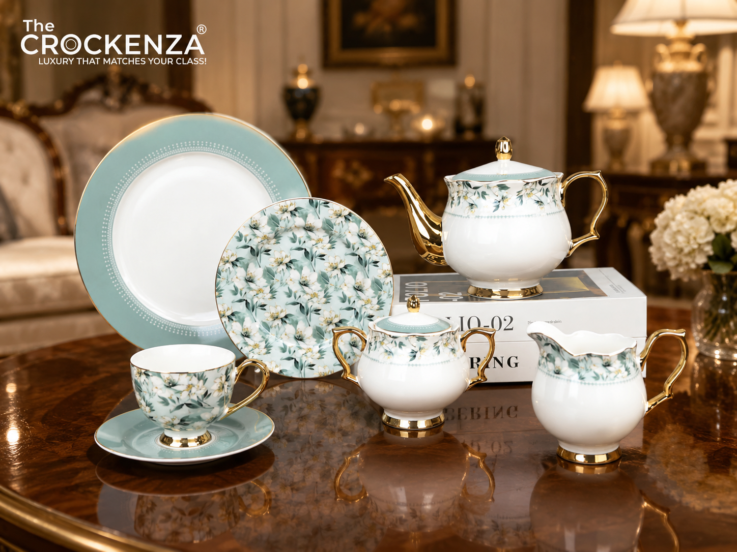 24 Piece Luxury Johnson Bros inspired Bone China Tea Set – Vintage Floral Green & Gold Trim