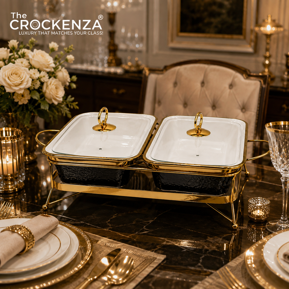 Twin Rectangular Porcelain Serving Dish Set with Gold Stand – 12" Double Buffet Server with Handles | Elegant Tabletop Food Warmer & Serving Bowl Set