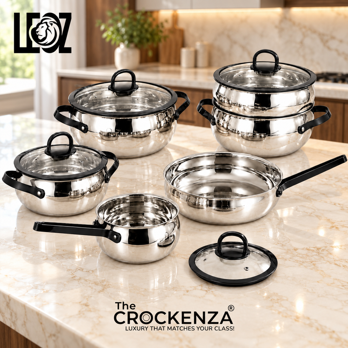 LEOZ 10 Piece 304 Stainless Steel Cookware Set | Three-layer Steel | Premium Black Handles with Glass Cover