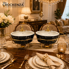 Elegant Twin Oval Chafing Dishes (11" each) with handles & Metal Stand – Black Marble Buffet Set