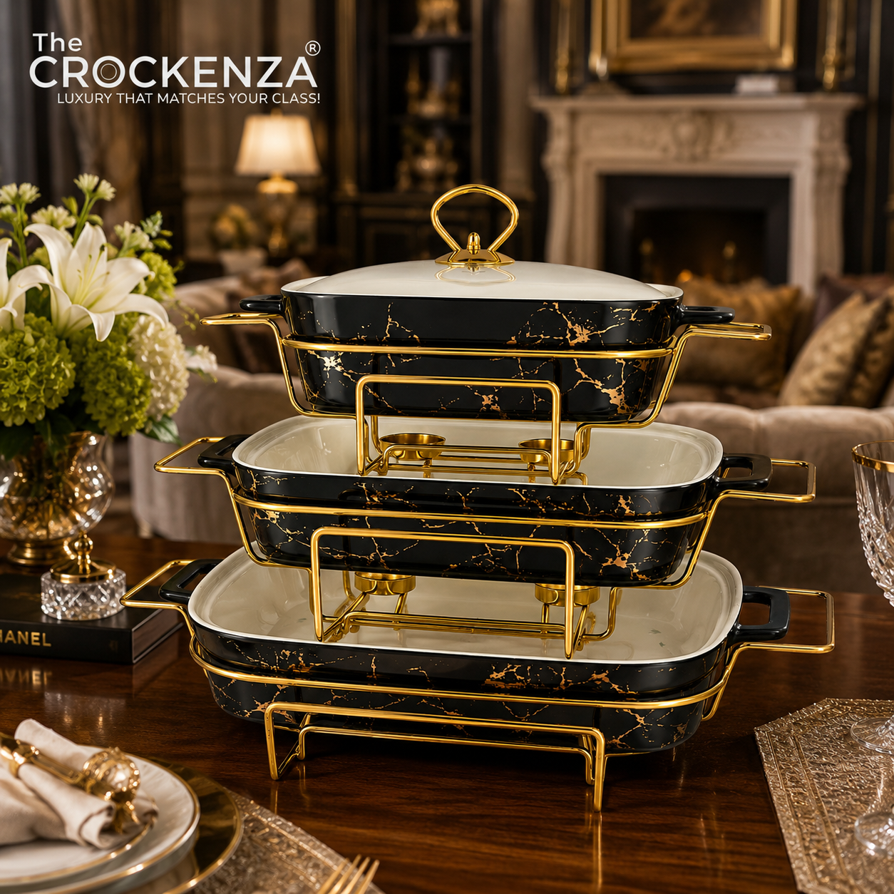Luxury Imported Black Marble Rectangular Porcelain Serving Dishes – Lidded with Handles (Three Sizes)