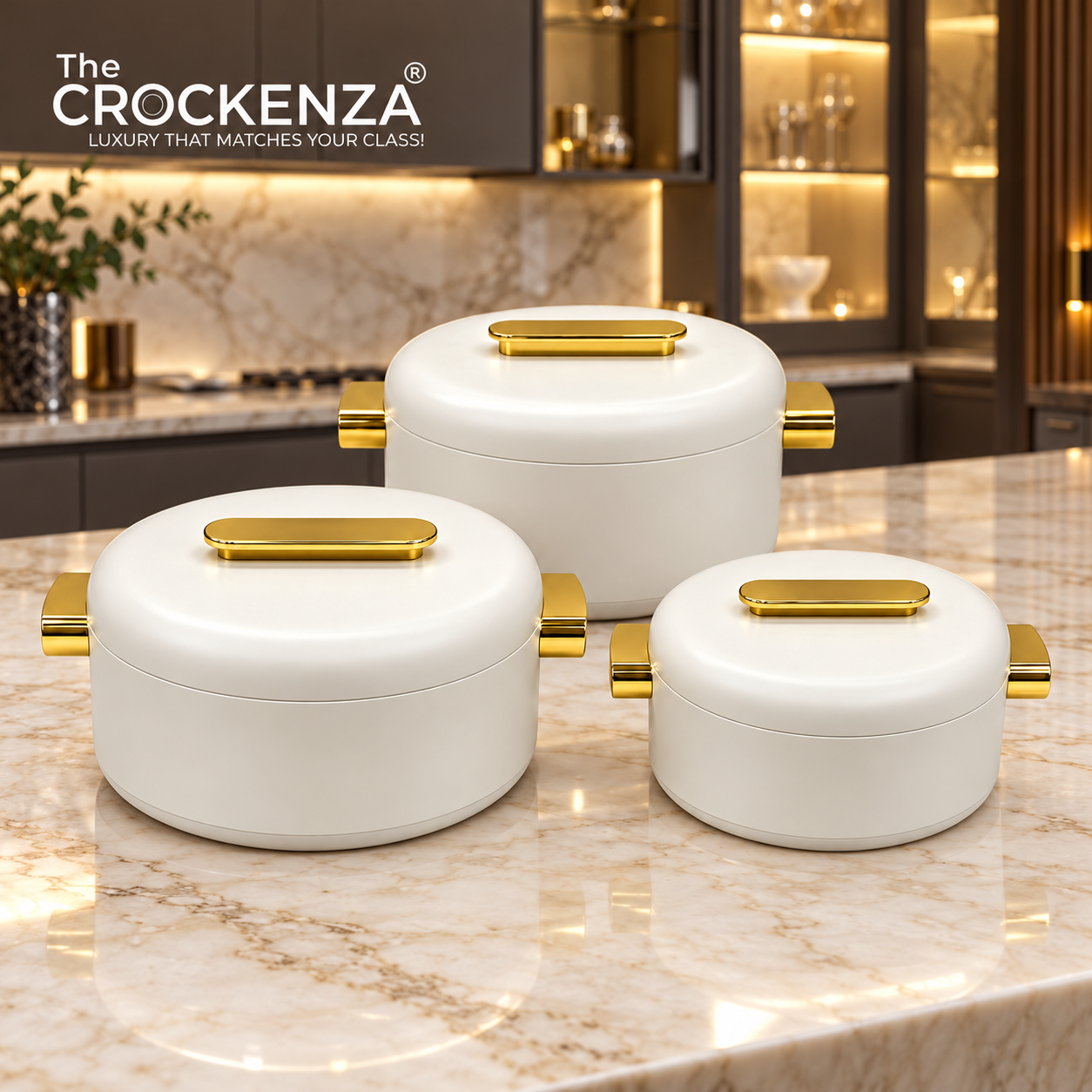 Imported Luxury Collection | Forever Gold 3Pcs Hotpot Set | Keep your food fresh & warm | White Plain Round (1/2/3.5Ltr)