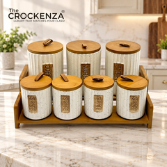 7-Piece Ceramic Airtight Jar Set with Wooden Lids & Storage Tray