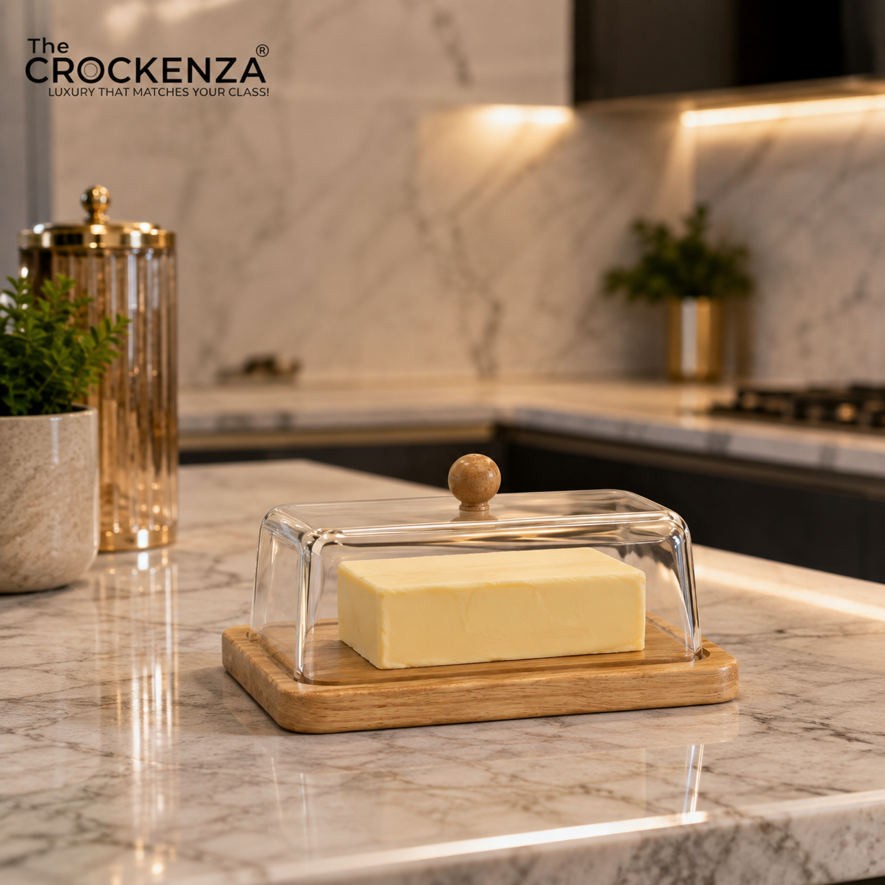 Wooden Butter Dish with Clear Acrylic Cover & Knob – Modern Countertop Butter Keeper Tray with Dome Lid