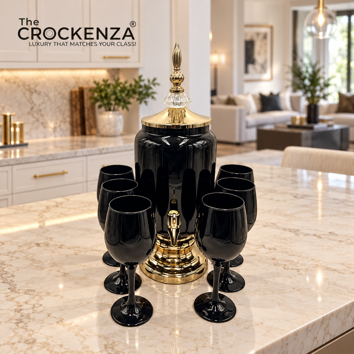 Midnight Noir 7-Piece Drink Dispenser Set – 3L Gold-Accented Server & 6 Black Stemmed Glasses