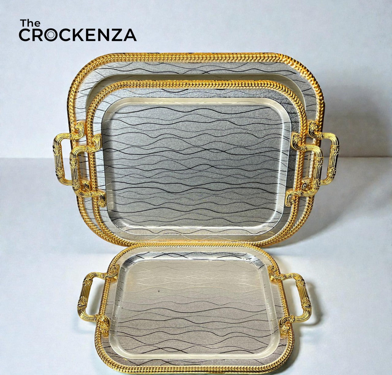Luxury 3 Pcs Stainless Steel Serving Tray Set – Mirror Polish Finish with Gold Handles