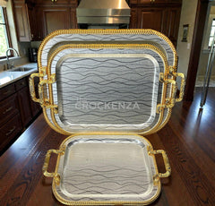 Luxury 3 Pcs Stainless Steel Serving Tray Set – Mirror Polish Finish with Gold Handles