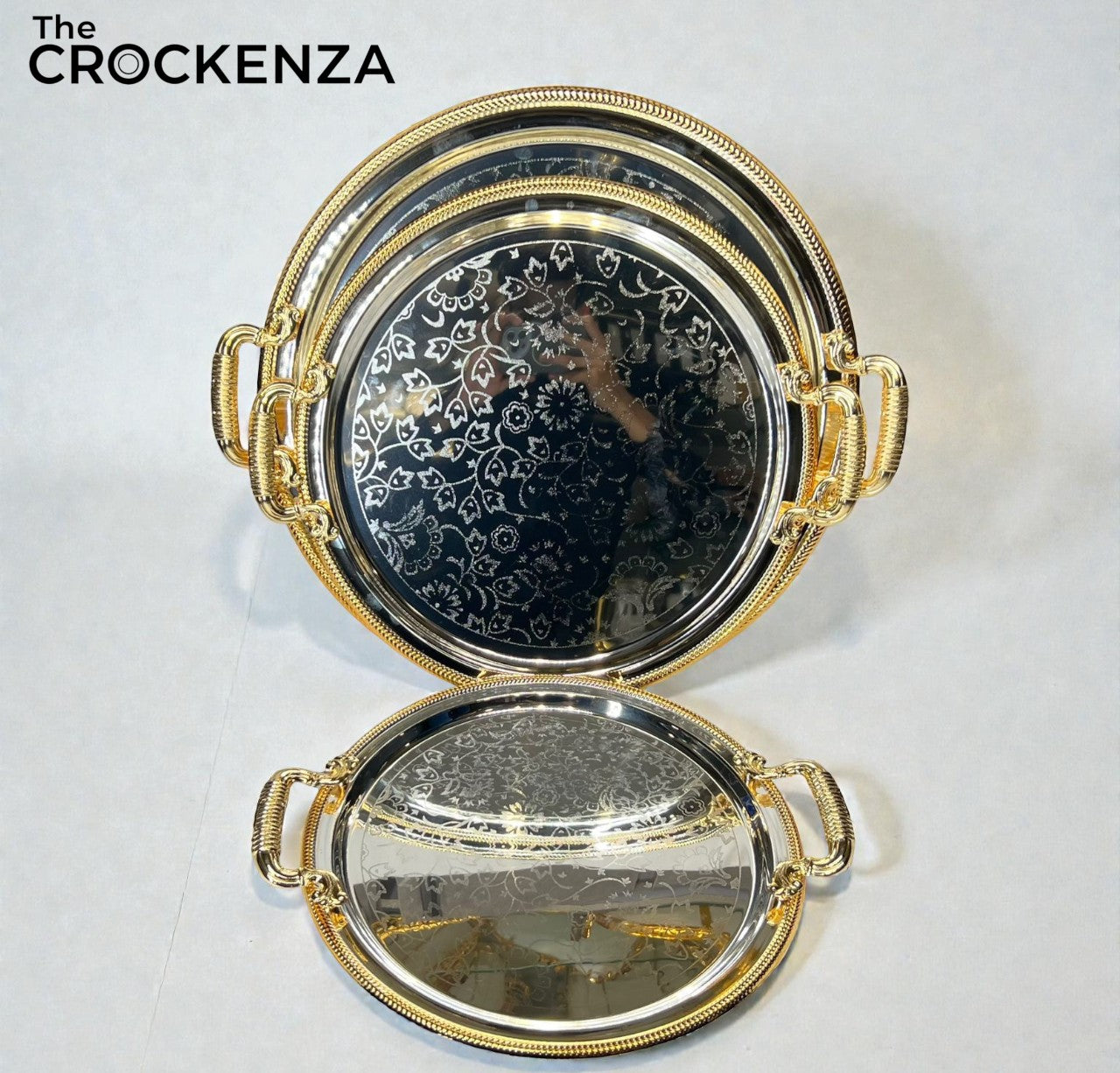 Luxury 3 Pcs Stainless Steel Round Serving Tray Set – Mirror Polish Finish with Gold Handles