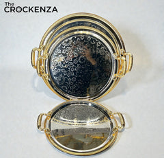Luxury 3 Pcs Stainless Steel Round Serving Tray Set – Mirror Polish Finish with Gold Handles