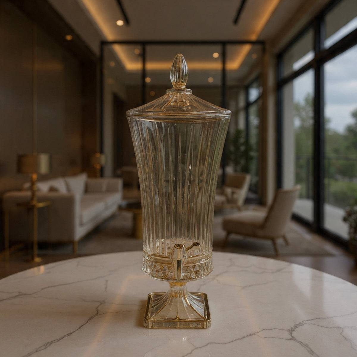 Amber Gold Glass Beverage Dispenser 4.5 Ltr with Stand & Tap – Luxury Ribbed Drink Dispenser for Juice, Water & Ramadan Serving