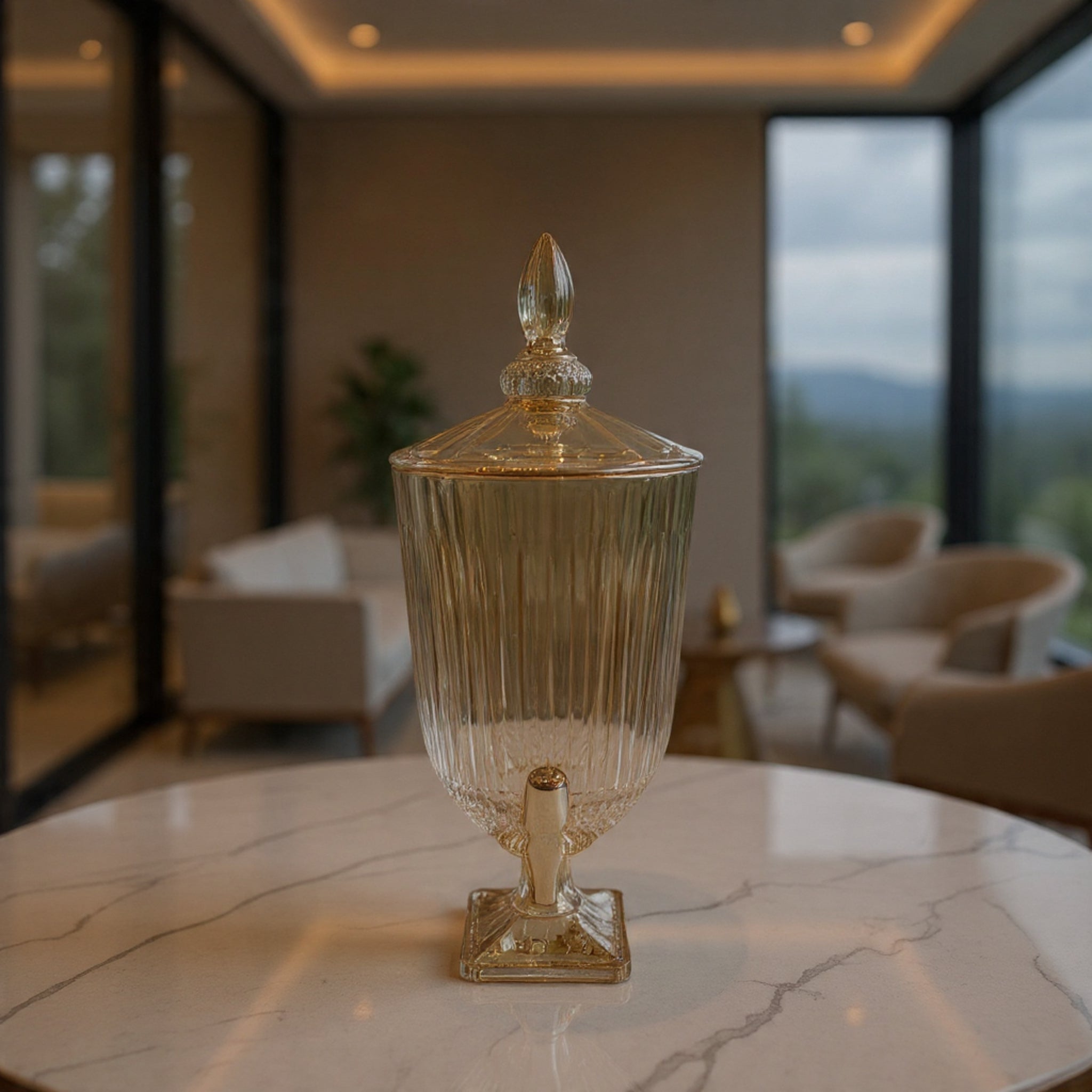Amber Gold Glass Beverage Dispenser 4.5 Ltr with Stand & Tap – Luxury Ribbed Drink Dispenser for Juice, Water & Ramadan Serving