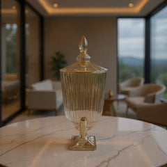 Amber Gold Glass Beverage Dispenser 4.5 Ltr with Stand & Tap – Luxury Ribbed Drink Dispenser for Juice, Water & Ramadan Serving