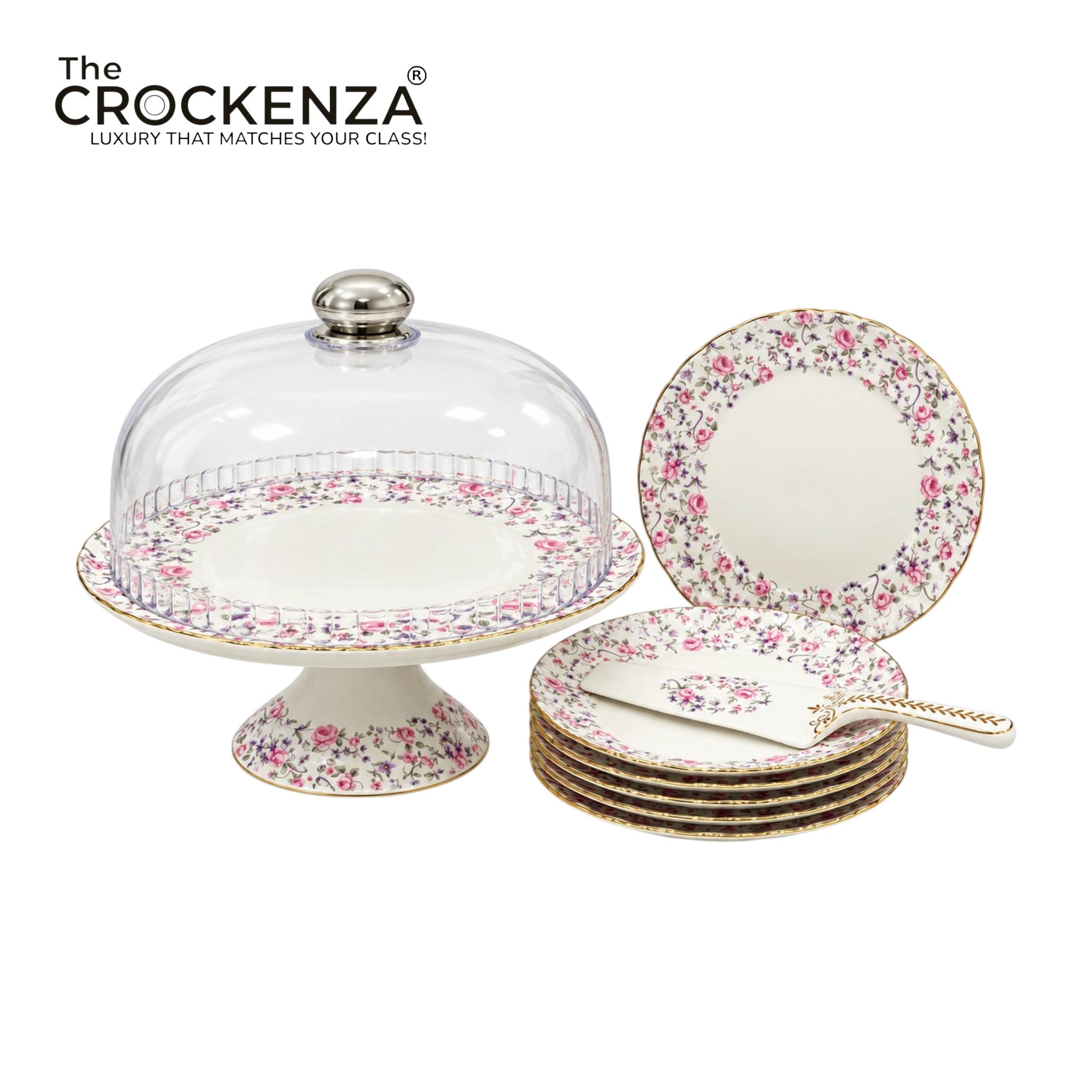 Royal Albert–Inspired 9-Pcs Bone China Cake Set | Floral Elegance with Acrylic Dome