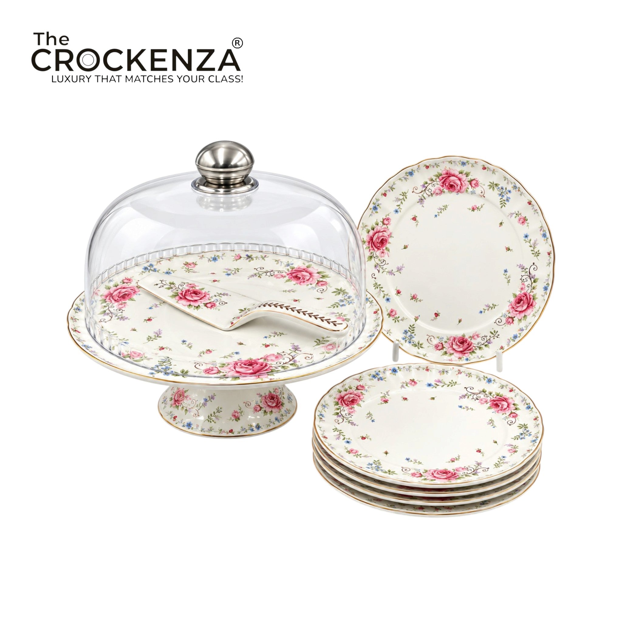 Royal Albert–Inspired 9-Pcs Bone China Cake Set | Floral Elegance Acrylic with Dome