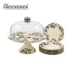 Royal Albert–Inspired 9-Pcs Bone China Cake Set | Floral Elegance with Dome