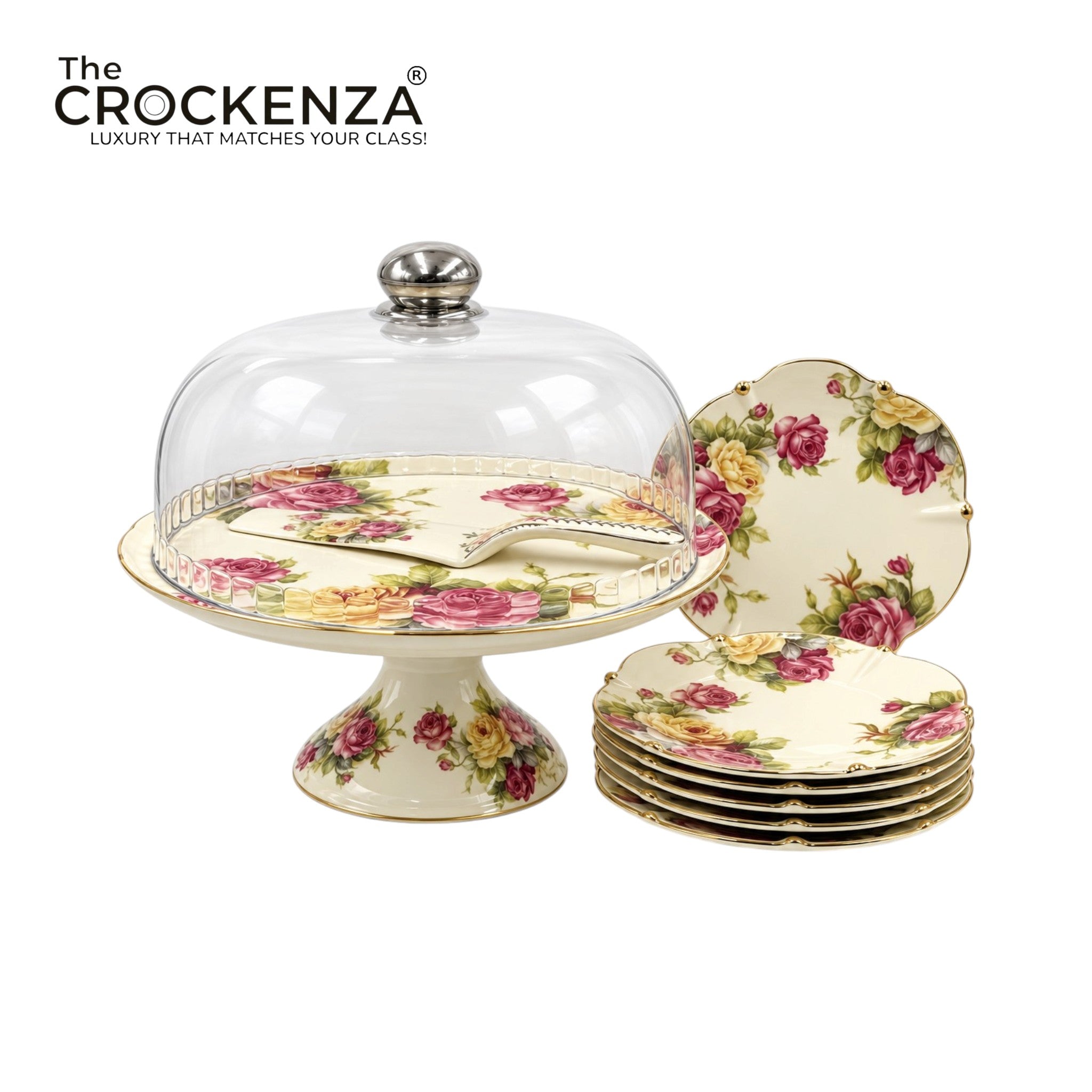 Royal Albert–Inspired 9-Pcs Bone China Cake Set | Floral Elegance with Acrylic Dome