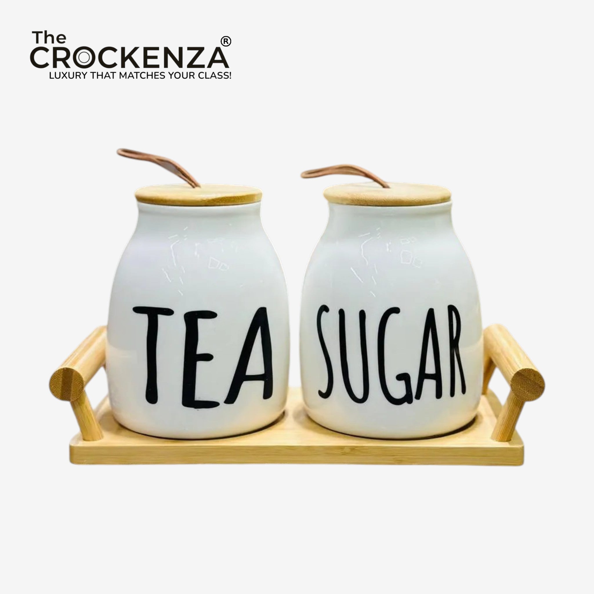 Modern Ceramic Tea and Sugar Container Set with Bamboo Lids and Serving Tray