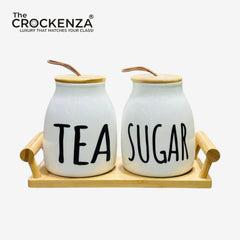 Modern Ceramic Tea and Sugar Container Set with Bamboo Lids and Serving Tray