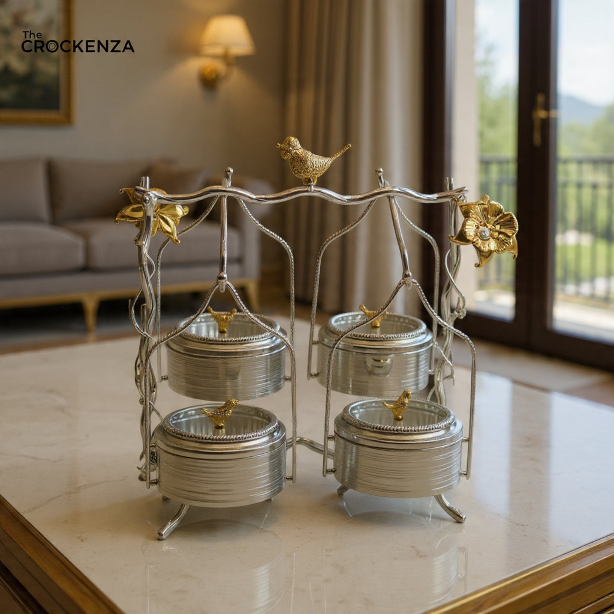 Luxury 4 Partition Dry Fruit Serving Set with Decorative Stand – Premium Metal Snack Organizer
