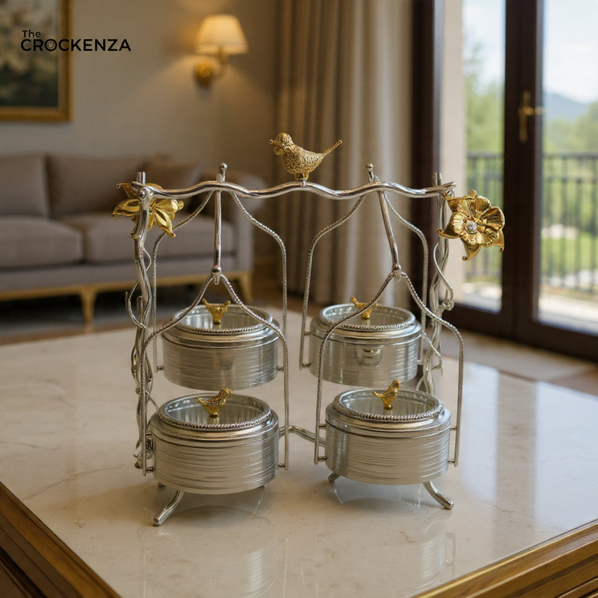 Luxury 4 Partition Dry Fruit Serving Set with Decorative Stand – Premium Metal Snack Organizer