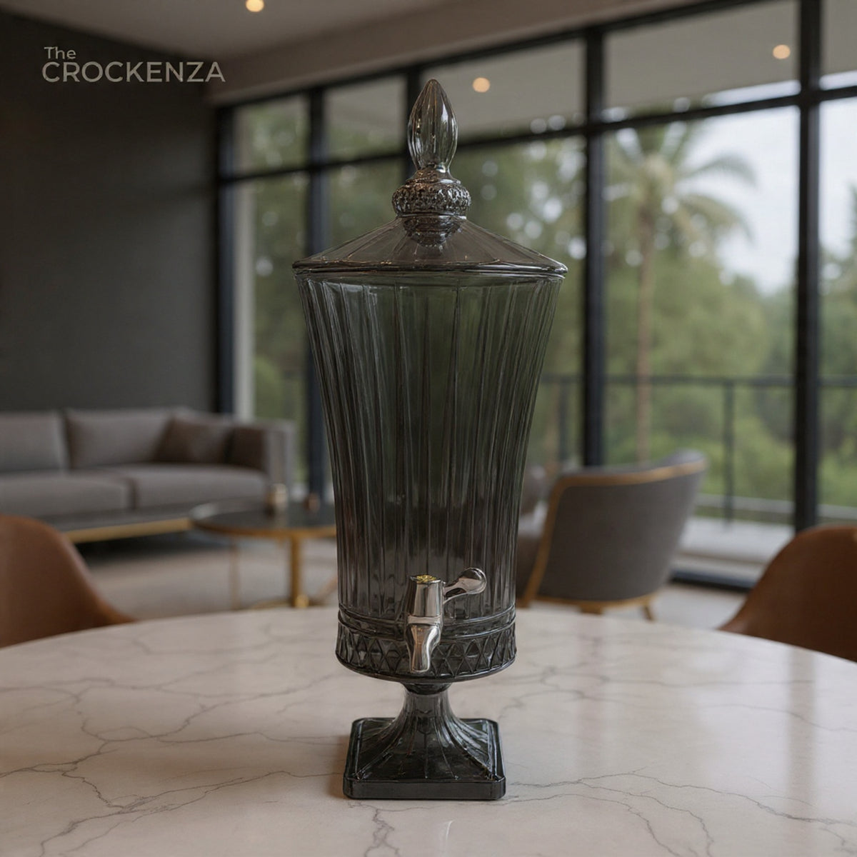 Smoke Grey Textured Glass Beverage Dispenser 4.5 Ltr with Stand & Tap – Luxury Ribbed Drink Dispenser for Juice, Water & Ramadan Serving