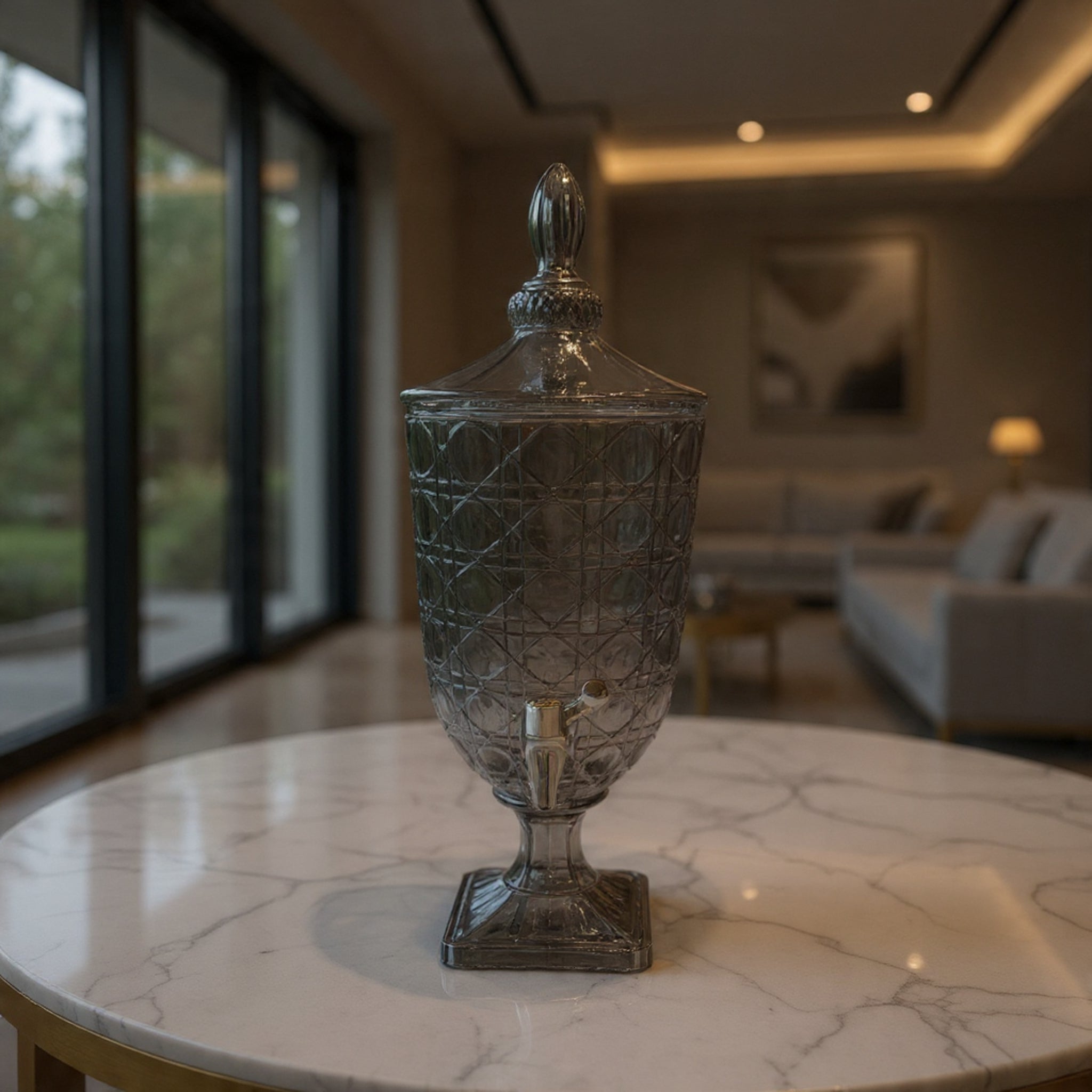 Luxury Smoke Grey  Textured Glass Beverage Dispenser 4.5 Ltr with Stand & Tap – Premium Crystal Style Drink Dispenser