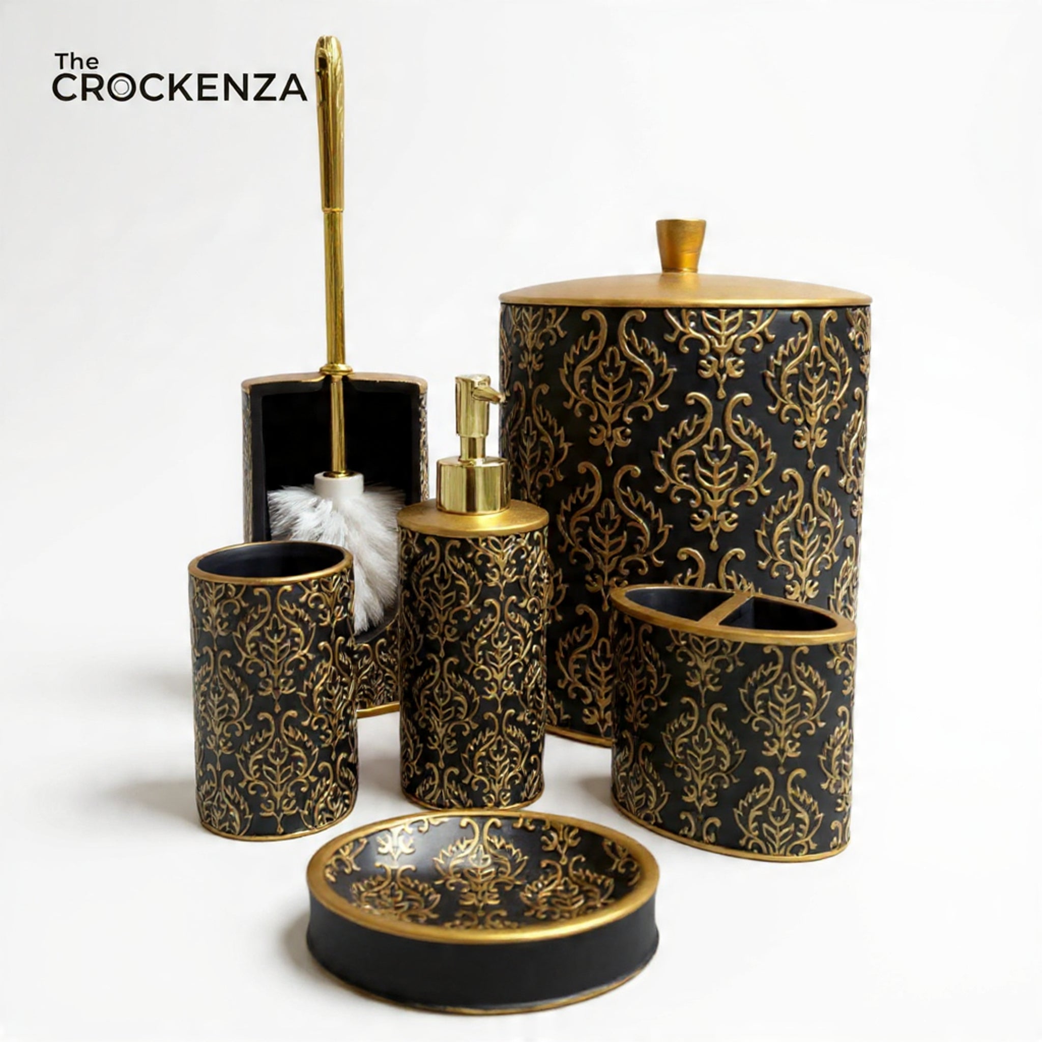 Regal Damask 6-Piece Luxury Fiber Bathroom Accessory Set – Gold & Black