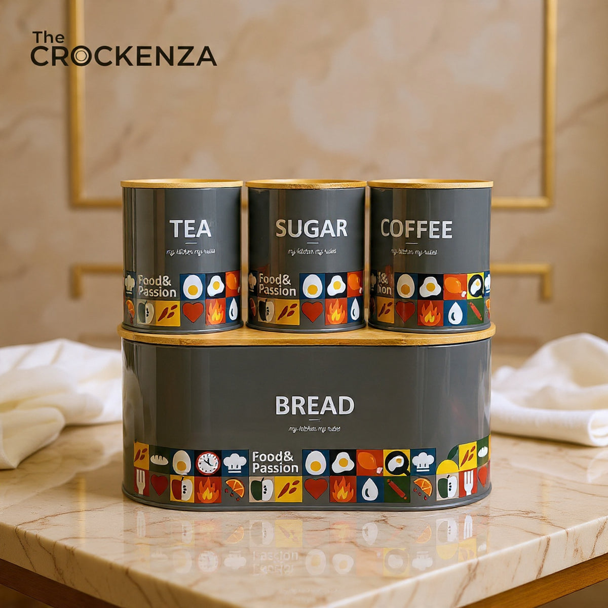 The Crockenza "Food & Passion" Modern Grey Kitchen Organizer | Bread Bin & 3-Piece Jar Set