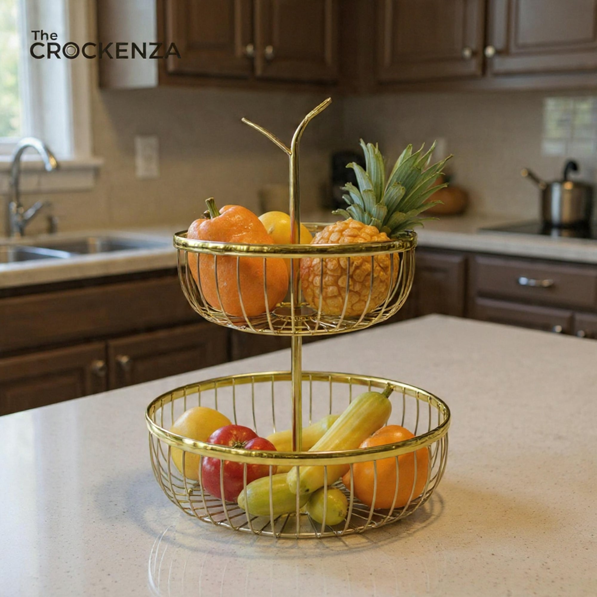 2-Tier Stainless Steel Gold Fruit & Vegetable Basket – Space-Saving Wire Storage Stand for Kitchen Countertop