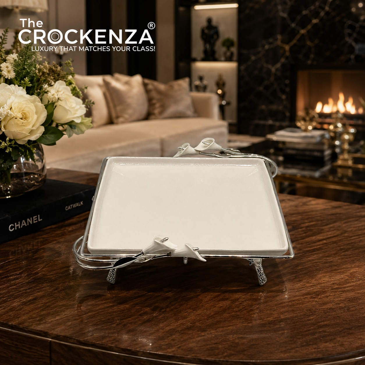 Opulent White Ceramic Square Platter with Ornate Silver Base