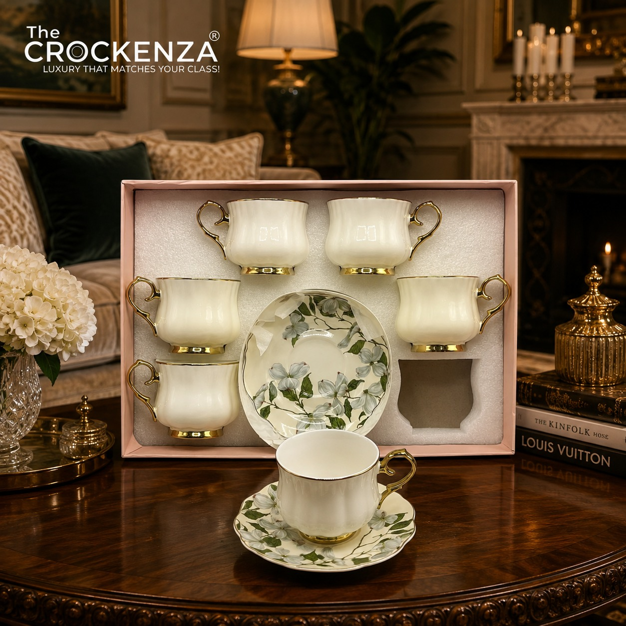 Luxury 12 Piece Floral Porcelain Tea Cup & Saucer Set – White & Gold Coffee Cup Set | Premium Imported Tea Set