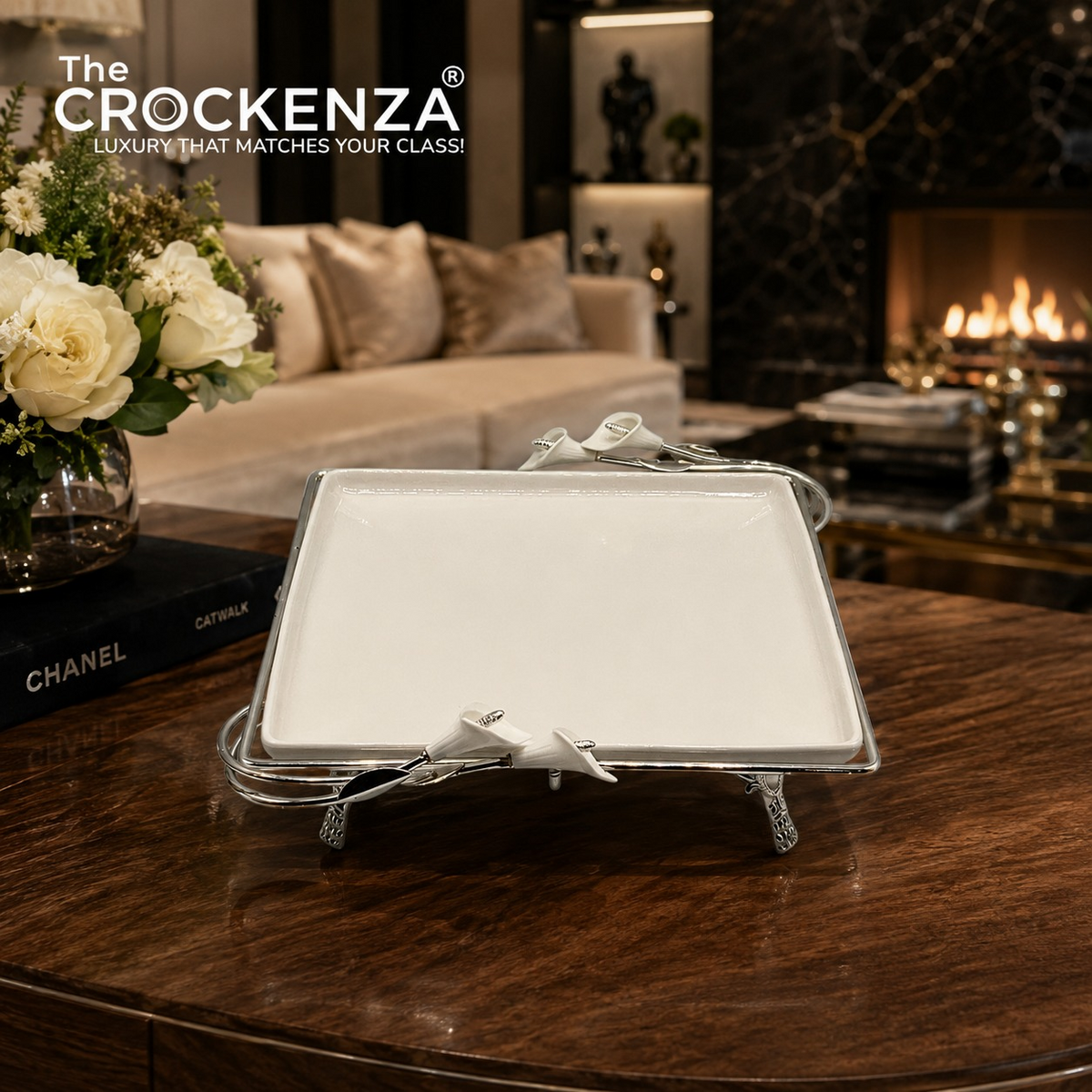 Opulent White Ceramic Square Platter with Ornate Silver Base