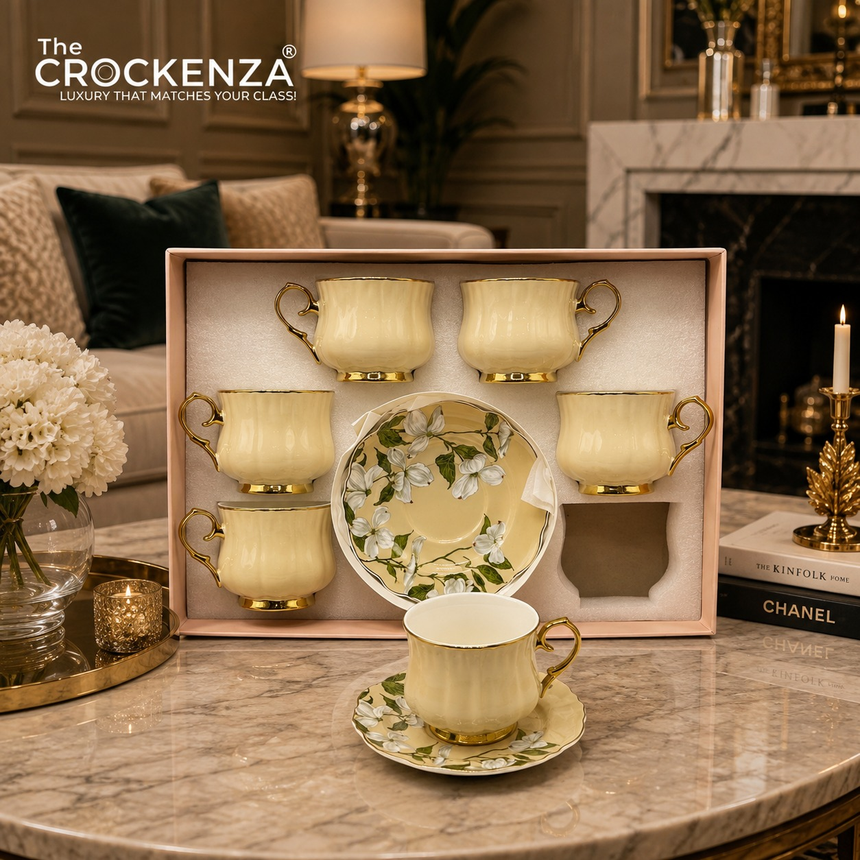 Luxury 12 Piece Ivory Floral Porcelain Tea Cup & Saucer Set – Gold Rim Coffee Cup Set | Premium Imported Tea Set