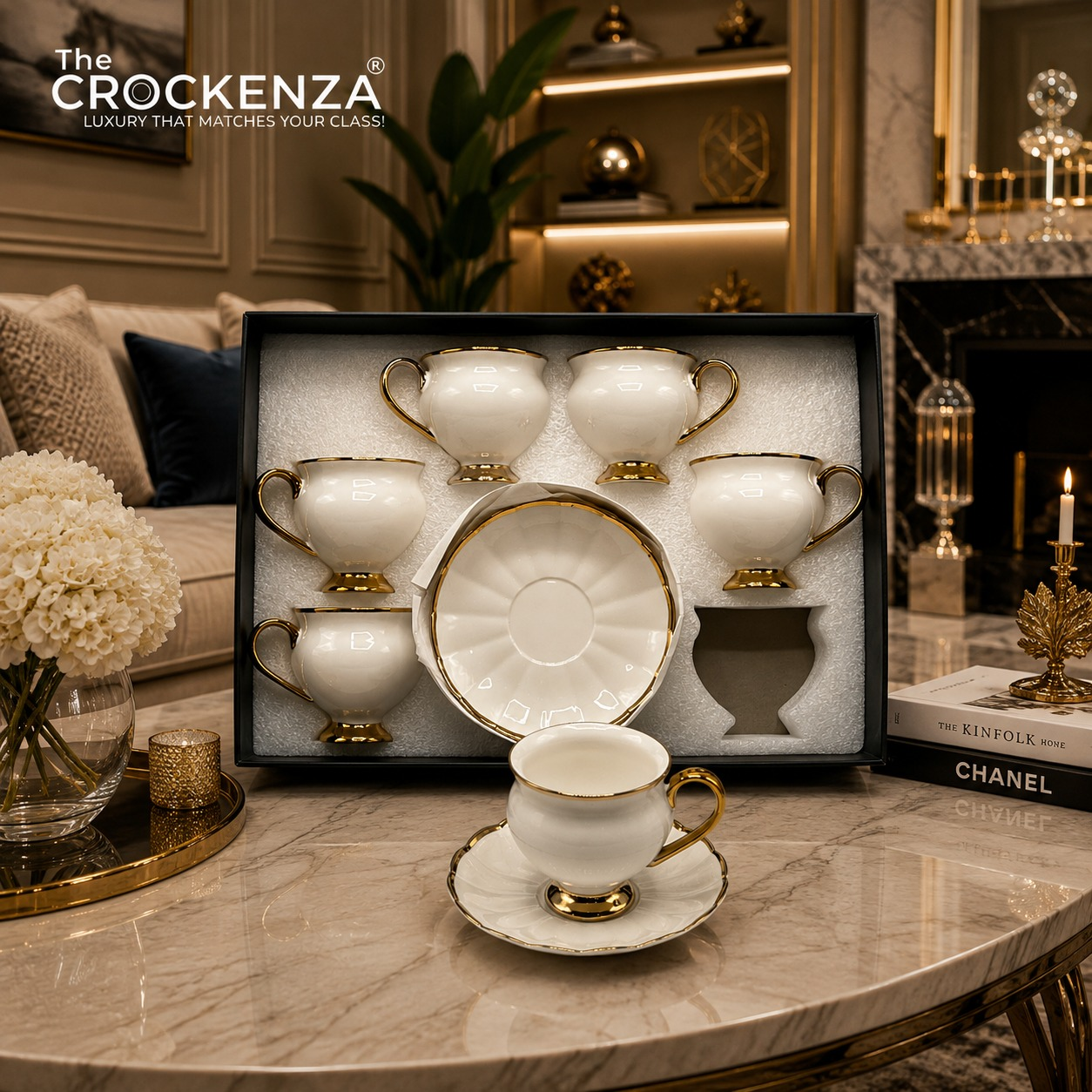 Luxury 12 Piece Cup & Saucer Set – White with Golden Rim | Premium Coffee Cup Set for Home & Gifting