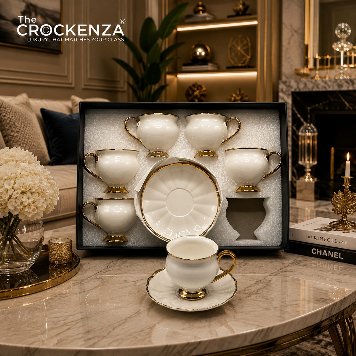 Luxury 12 Piece Cup & Saucer Set – White with Golden Rim | Premium Coffee Cup Set for Home & Gifting