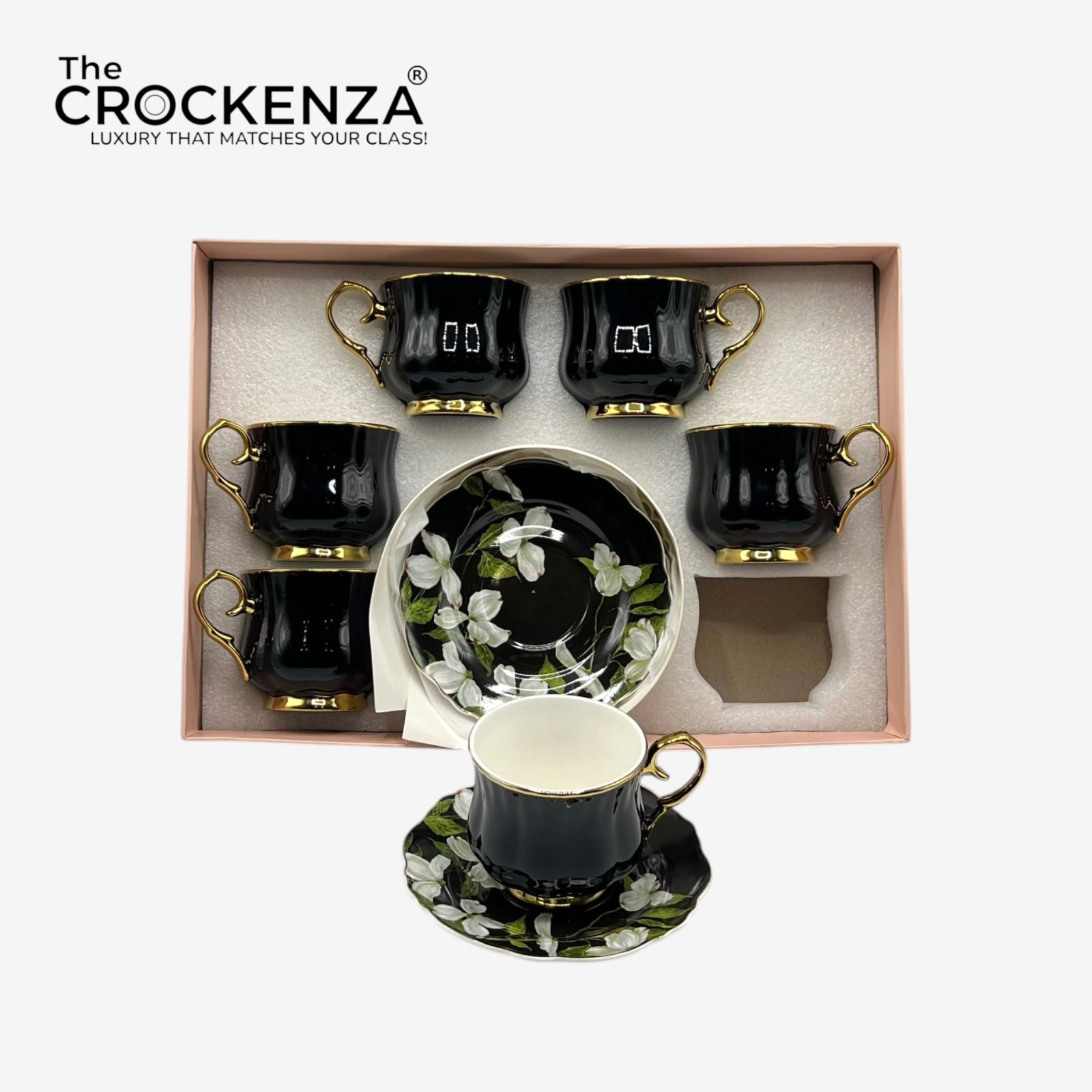Luxury 12 Piece Black & Gold Porcelain Tea Cup & Saucer Set – Floral Coffee Cup Set | Premium Imported Tea Set
