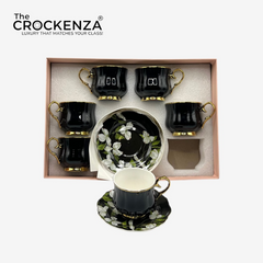 Luxury 12 Piece Black & Gold Porcelain Tea Cup & Saucer Set – Floral Coffee Cup Set | Premium Imported Tea Set