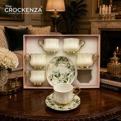 Luxury 12 Piece Floral Porcelain Tea Cup & Saucer Set – White & Gold Coffee Cup Set | Premium Imported Tea Set