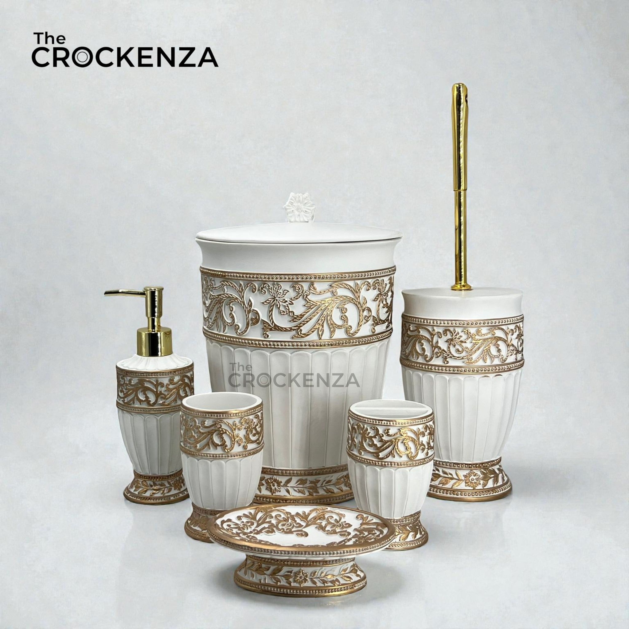 The Versailles Collection: 6-Piece Royal Damask Hand-Carved Fiber Bathroom Ensemble in Pearl White & Antiqued Gold