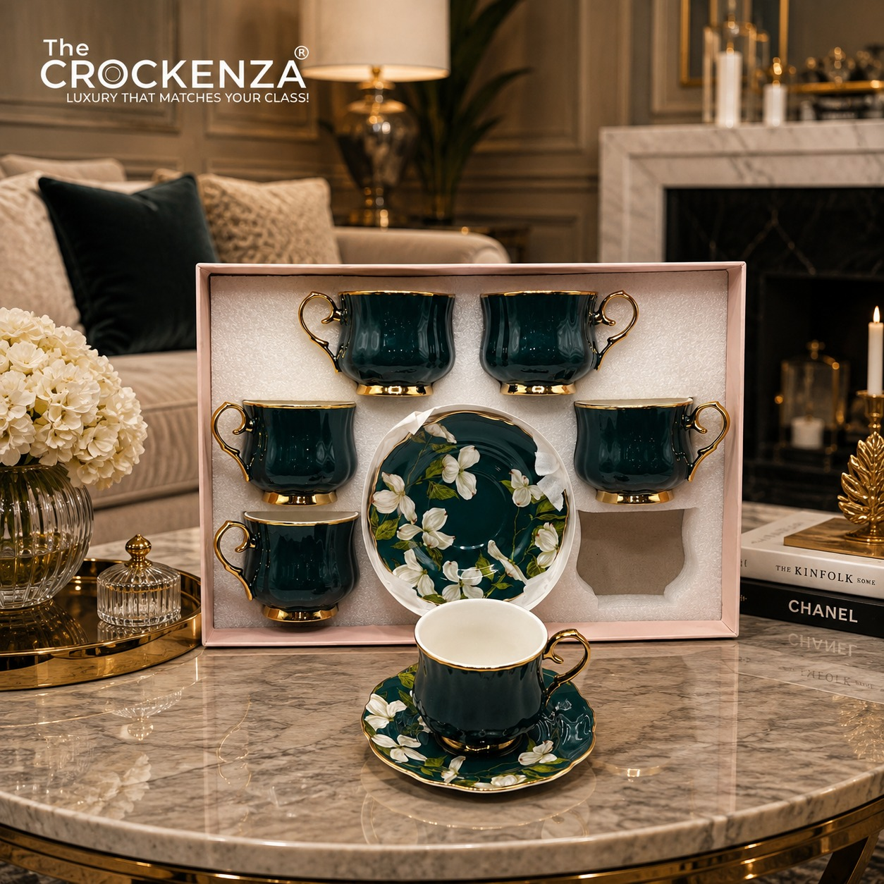 Luxury 12 Piece Emerald Green Porcelain Tea Cup & Saucer Set – Floral Gold Trim Coffee Cup Set | Premium Imported Tea Set