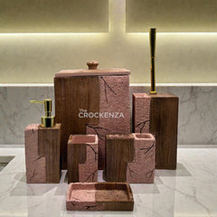 The Crockenza's 7-Piece Pink & Wood Grain Bathroom Set - Gold Accents