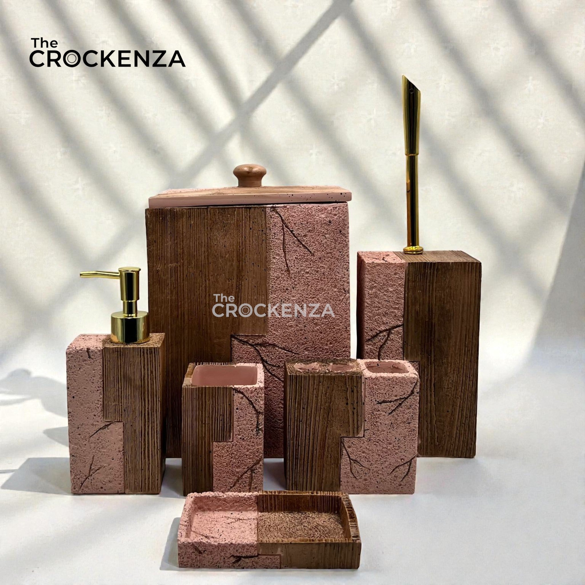 The Crockenza's 7-Piece Pink & Wood Grain Bathroom Set - Gold Accents