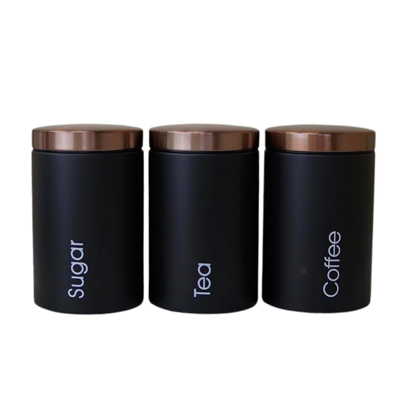 Metallic Canister Trio – Sugar, Tea & Coffee Black Jars with Rose Gold Airtight Lids