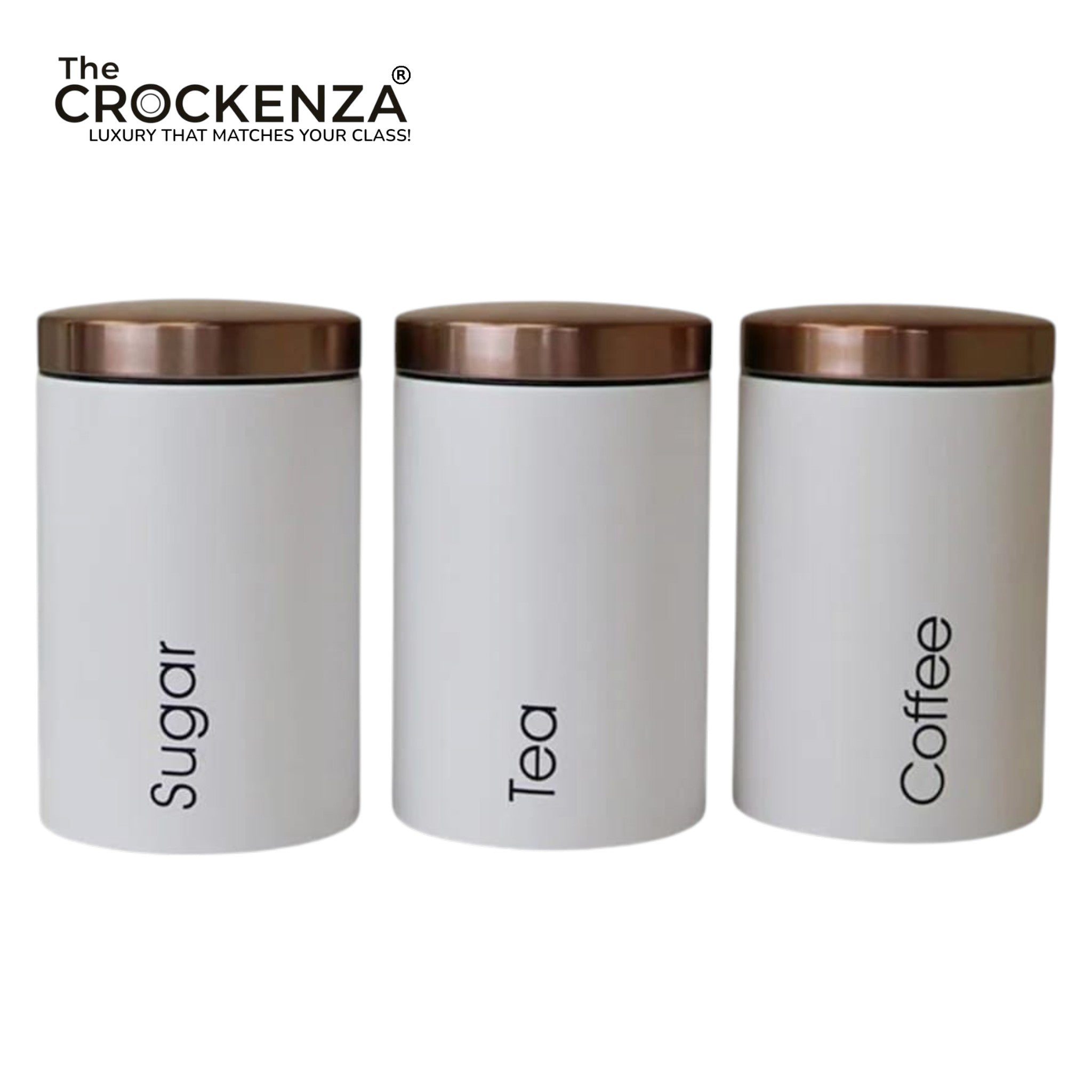 Metallic Canister Trio – Sugar, Tea & Coffee White Jars with Rose Gold Airtight Lids | Small & Large