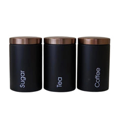 Metallic Canister Trio – Sugar, Tea & Coffee Black Jars with Rose Gold Airtight Lids