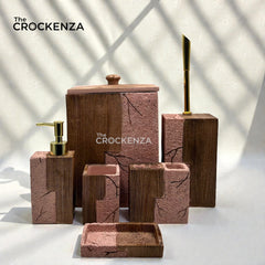 The Crockenza's 7-Piece Pink & Wood Grain Bathroom Set - Gold Accents