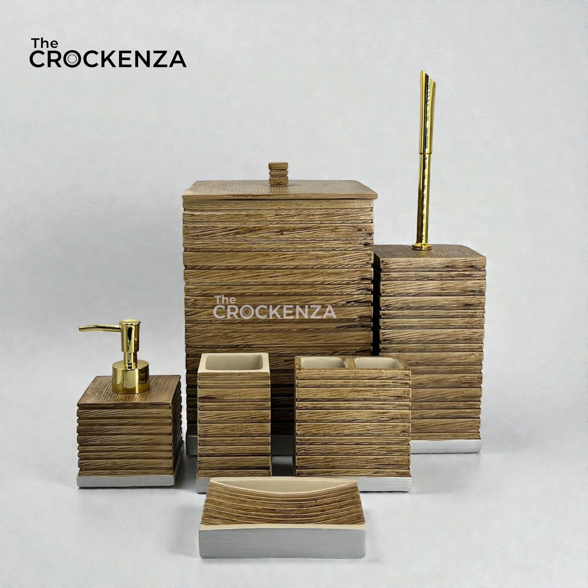 Crockenza Imperial 6-Piece Bath Set – Modern Ribbed Oak with Polished Gold Accents
