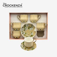 Luxury 12 Piece Ivory Floral Porcelain Tea Cup & Saucer Set – Gold Rim Coffee Cup Set | Premium Imported Tea Set