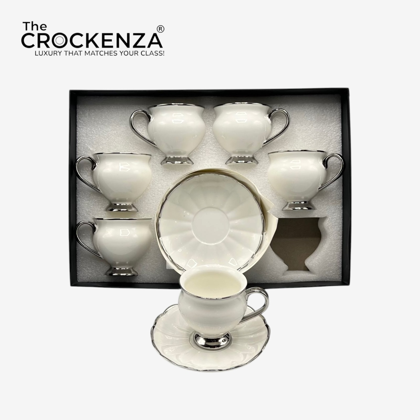 Luxury 12 Piece Cup & Saucer Set – White with Silver Rim | Premium Coffee Cup Set for Home & Gifting