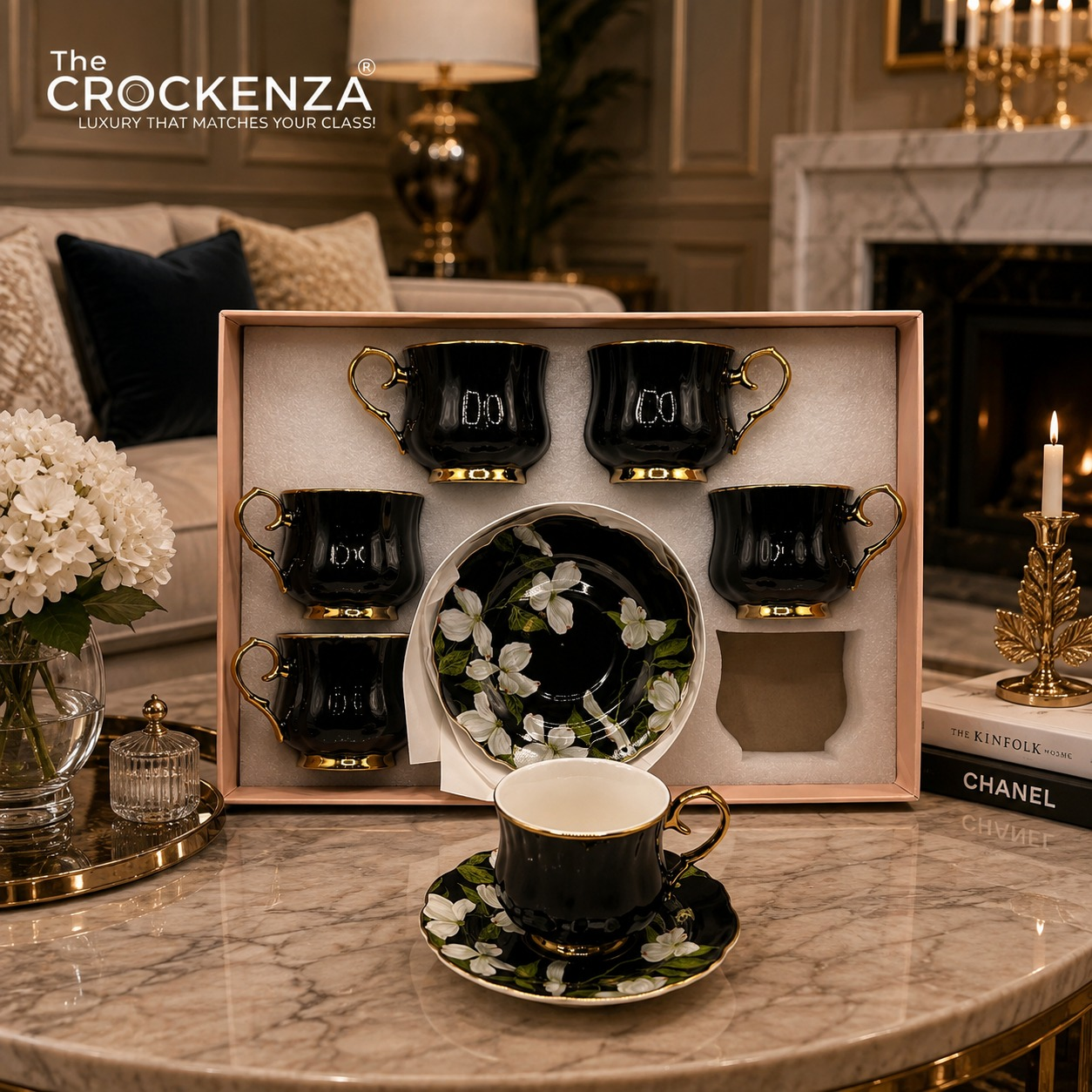 Luxury 12 Piece Black & Gold Porcelain Tea Cup & Saucer Set – Floral Coffee Cup Set | Premium Imported Tea Set